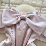Elegant Sleeveless Vintage Butterfly Bow Sexy Off Shoulder Satin Slim A-line Straps Dresses Birthday Party High Street Clothing
