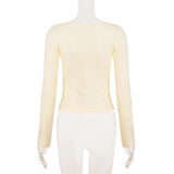 Pbong  Y2K Aesthetics V-Neck With Bow Decorated Long Sleeve T-shirts Women's Sweet Slimming Yellow Casual Top Tees Fashion Clothes New
