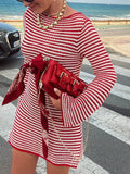 Pbong  Women Bodycon Knitted Dress Striped Round Neck Long Sleeve Casual Fall Short Dress