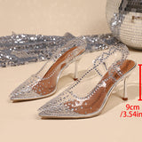 Pbong  Elegant Ladies Shiny Rhinestone Crystal Shoes Autumn Transparent Pvc Pointed Toe High Heels Shoes Woman Sling Back Pumps 34