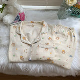 Cotton Comfort Sleepwear Casual Women Pajamas Spring Summer Cherry Print Cute Lapel Button Shirts And Pant Two Piece Sets 2024