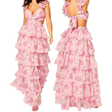 Pbong  Women Summer Floral Print Ruched Bust Sleeveless V-Neck Ruffle Layered Lace-up Backless Flowy A-Line Long Cake Dress