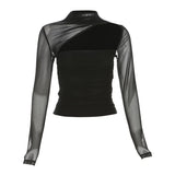 Pbong  Women Korean Fashion Sexy See Through Mesh Patchwork Basic T-shirt Office Lady Black Elegant Long Sleeve Slim Tops
