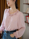 Elegant 3D Floral Blouse Women Vintage Sweet O Neck Long Sleeve Shirt Fall French Retro Casual Female Ruffles All Match Pink Top