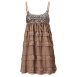 Pbong  Women Sequin Lace Edge Ruffled Mini Dress Multi-Layered Spaghetti Strap Sleeveless Cute Bow Short Dress Club Party