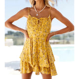 Pbong  Floral Printed Mini Dress Yellow Ruffles Summer Sundress Tiered Vintage Chic Backless Beach Dresses Ladies Vestidos