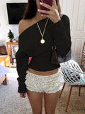 Pbong  New Autumn Winter Laid-back Style Loose Shoulder Design Knitted Top Women's High Waist Slimming Sweater Street Fashion