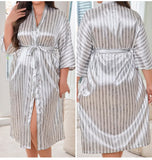 Pbong  New Female Robe Nightdress Striped Kimono Bathrobe Gown With Belt Sexy V-neck Nightgown Sleepwear Loose Satin Home Dress Bye