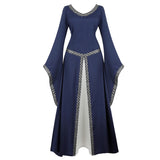 Women Medieval Renaissance Trumpet Sleeve Retro Loor Length Gown Lace Trim Irish Over Long Dress Halloween Costume Plus Size