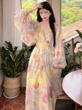 Autumn Elegant Women Floral Midi Dress Long Sleeve Vintage Party Birthday Vestidos Female A-Line Mujers Fall Clothes New