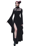 Halloween Party Long Dress Black High Waist Flared Sleeve Lace Cutout Gothic Maxi Dress Street Aesthetic Clubwear Maxi Dress
