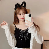 Summer Lace Bow Camisole for Women Pleated Crop Tops Vintage Clothes Harajuku Solid Sexy Ladies Sweet Elegant Camisole
