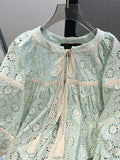 French Design Blouses Hollow Out Embroidery Long Sleeve Patchwork Lace Up Shirts Casual Loose All Match Elegant Women Clothing