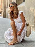 Pleate Loose Retro Sleeveless Checkere Dress Summer Fashion Women's Bohemian Casual Large Hem Dress Slip Dress Beach Sundress