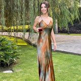 Fashion V-neck Satin Party Dress Vacation Beach Slim Women Long Dress Tie Dye Printing Streetwear Summer Slip Dresses New