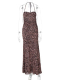 Leopard Print Backless Sexy Maxi Dress For Women Gown Halter Off-shoulder Sleeveless Bodycon Beach Long Dress Vestido