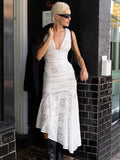 Lace Ruched Sexy Maxi Dress Women Gown White Patchwork Deep V Neck Sleeveless Backless High Waist Long Tank Dress