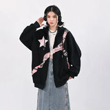 Y2K Vintage Zip Up Hoodies Women Harajuku Hip Hop Letter Print Sweatshirts Gothic Streetwear Loose Patchwork Tops Coats