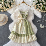 Pbong  Sweet Lace Splice Floral ter Dr Women's Summer Design Sense Waist Cinching Pleated Long Dr A-Line Silhouette V-Ne