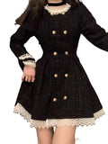 Temperament Coarse Tweed Plaid Dress Women Lace Splice Double Breasted French Flounce O-neck Sweet Slim Spring Chic Female Wear