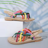 Pbong  Women Rainbow Color Braided Rope Flat Heel Sandals Outdoor Casual Slip On Slides Sandals Woman Plus Size 43 Beach Vacation Shoes