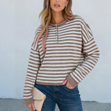 Pbong  Womens Knitted Sweater Tops Fall Long Sleeve Crew Neck Striped Button Loose Pullover Jumpers Preappy Casual Knitwear