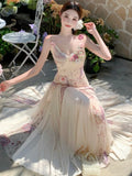 Woman French Print Flower Evening Party Dresses Elegant Spaghetti Strap Mermaid Dress Sweet Bodycon Evening Party Clothes New