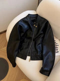Vintage Biker Women Pu Jackets Streetwear Casual Long Sleeve Y2K Coat American Retro Pockets O Neck Fall Winter Outwear Tops New
