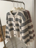 Women Cardigan Sweater Striped Crew Neck Button-up Sweater Jacket Comfy Cozy Slouchy Cardi Autumn Winter French Chic Outfit
