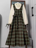 Pbong  Preppy Style Dresses Fake Two Piece Plaid Bandage Contrast Color Long Dress Y2k Harajuku Vintage Punk Girl Women's Clothing