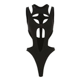 Pbong  Mall Gothic Hollow Out Sexy Bodysuits Techwear Fashion Y2k Patchwork Tops Women Backless High Cut Slim Bodysuit