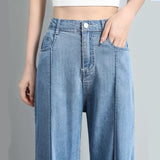Pbong  Korean Soft Jeans Women Summer Ultra-thin High-waisted Straight Drape Ice Silk Denim Pants Youth Simple Casual Wide-leg Trousers