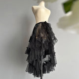 Gothic Lolita Lace Mesh Ruffles Fairy Princess Party Skirt Women Asymmetrical Cute Curtain Sheer Cover Up Thin Long Skirt White
