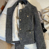 Vintage Faux Woolen Coat Women Warm Winter Thick Long Sleeve Gray Cotton Jacket Female Retro O Neck Pockets Casual Tops New
