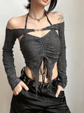Pbong  Gray Mystic Sexy Lace Cutout Retro Mature Charm Feminine Party Queen Senior Women's Long Sleeve Tuxedo Top