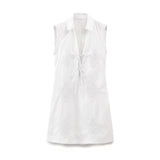 White Embroidery Straight Fashion Short Dress New Hollow Out Lace-ups Sleeveless Women Dress Streetwear Female Clothing