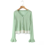 Patchwork Knitting Spring Summer Cardigan Top Women's V-neck Button Solid Casual Thin Jacket Flare Sleeve Ruffle All-match Coat