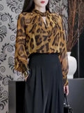 Pbong  Korean Chic Elegant Leopard Shirt Women Youth Chiffon Blouse Lady Office Casual Top Female New
