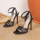 Pbong  New Summer Fashion Crystal Breathable Hollow Out Sandals Women Square Toe Buckle Strap Thin Heels Ladies Shoes