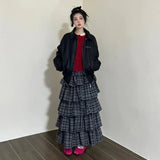 Vintage Ruffle Plaid Skirt Women Elegant Sweet Long Skirts Japanese Style Streetwear Fashion Patchwork Layered Skirt
