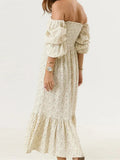 Pbong  Woman Vintage Floral Dress Puff Long Sleeve Off Shoulder Ruffle Long Dress Spring Fall Casual Vintage Bohemian Dresses