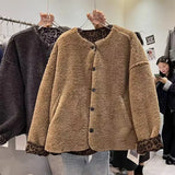 Pbong  New round Neck Single Buttoned Sheepskin Faux Fur Integrated Soft Satin Women's Jacket Trendy Top Fashion Spring