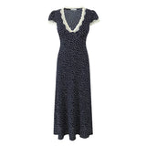 Pbong  Women Navy Blue Polka Dot Long Dress Lace Trim V Neck Short Sleeve A-line Elegant Holiday Dresses Summe Maxi Robe