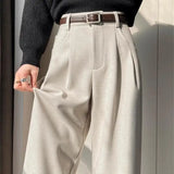 Pbong  Gray Woolen Suit Pants Women's Autumn Winter Thick Wide Leg High Waist Straight Cut Slim Casual Floor Length Trousers