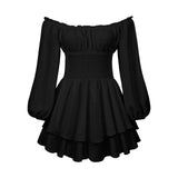 Pbong  Women's Loose Playsuit Puff Long Sleeve Square Neck Ruffle Short Romper Dress Spring Fall Casual Elegant Overalls
