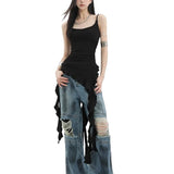 Sexy Tank Top Asymmetrical Black Y2k Women Ruffle Grunge Backless Coquette Fashion Streetwear Tops Solid Aesthetics