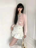 Korean Fashion Pink Cropped Cardigan Women Kpop Sweet Girl Knitted Sweater Bow Coquette Aesthetic Long Sleeve Tops New