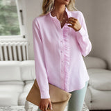 Pbong  Elegant Work Shirt Women's Ruffle Trim Button Up Long Sleeve Blouse Top Cotton Stand Collar