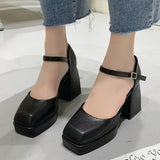Ankle Strap Platform Pumps Women Pu Leather Square Toe Mary Jane Shoes Woman Goth Thick High Heels Shoes Ladies