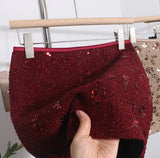 Pbong  New Autumn Winter Women Sequins Mini Skirts Waist Back Zipper Solid Color Above Knee Non Stretch Slim A Line Bling Skirt